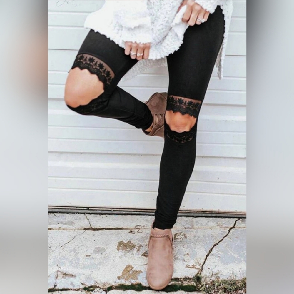 Lace Open Knee Black Leggings - Picture 3 of 4